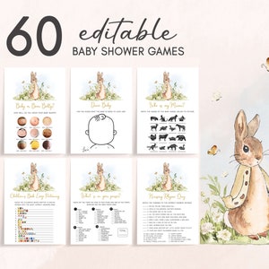 Pacchetto modificabile di giochi per baby shower Peter Rabbit, set di giochi per baby shower neutro per genere coniglio, modello di giochi per baby shower con coniglietto, 0671