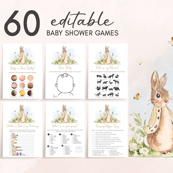 Lot modifiable de jeux de baby shower Peter Rabbit, ensemble de jeux de baby shower lapin neutres en matière de genre, modèle de jeux de baby shower de petit lapin, 0671