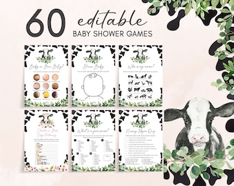 Bewerkbare genderneutrale bundel Highland Cow-babyshowergames, Greenery Holy Cow-babyshowergamepakket, boho-koeienbabyshowergames, 0800