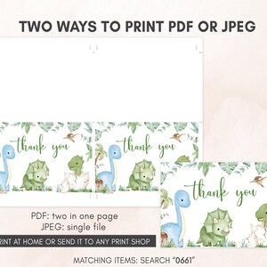 two printable thank you cards with dinosaurs