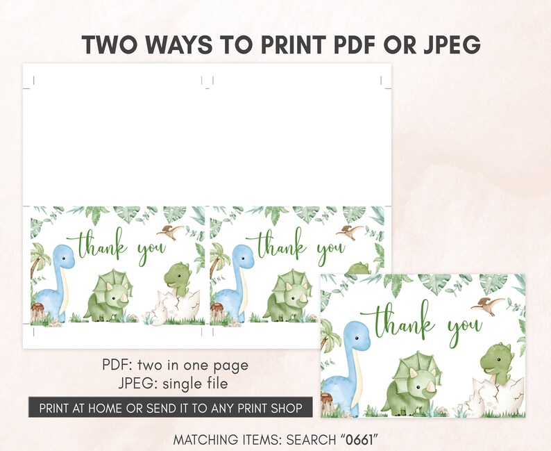 two printable thank you cards with dinosaurs