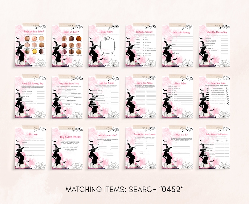 Editable A Baby is Brewing Girl Paquete de juegos de baby shower de Halloween, Paquete de juegos de baby shower de bruja rosa, Juego de juegos de baby shower de Halloween 0452 imagen 3