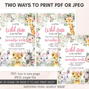 May include: Two printable baby shower invitations featuring a pink and green jungle theme with a giraffe, lion, zebra, and rhino. The text reads "A Little Wild One is on the way!" and includes the name "Samantha Smith" and details for the event. The invitations are available in PDF and JPEG formats.