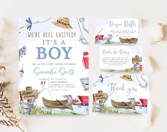 Paquete de invitación de baby shower de pesca editable, un pequeño pescador está en camino conjunto de invitación de baby shower, estamos carretes emocionados baby shower 0833
