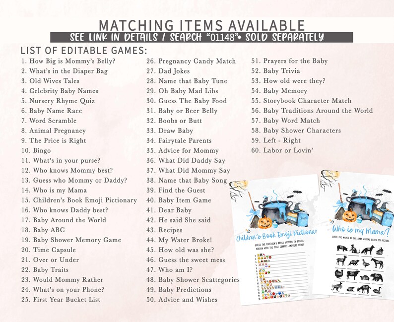 a list of editable games and items available, along with their prices and descriptions. The list includes games like "What's in the Mommie's Belly?" and "Old Wives Tales," as well as items such as "Nursery Rhyme Quiz" and "Baby Shower Games." The list also includes games like "Prayers for the Baby" and "Who knows Mommy best?" The image does not contain any text that is too long or repetitive, and it does not describe each item individually.
