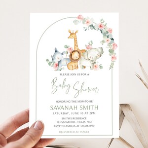 Editable Girl Safari Baby Shower Invitation, Pink Floral Safari Jungle Baby Shower Invite, Girl Safari Animals Baby Shower Invitation, 0307 image 1