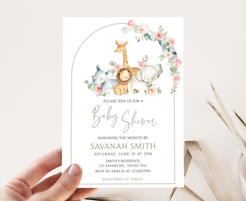 Editable Girl Safari Baby Shower Invitation, Pink Floral Safari Jungle Baby Shower Invite, Girl Safari Animals Baby Shower Invitation, 0307 image 1