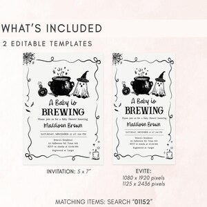 two editable template wedding invitations for a baby shower, featuring illustrations of a baby and a witch's broom. The invitations are designed to be printed in black and white and include details about the event, such as the date, time, location, and RSVP information.