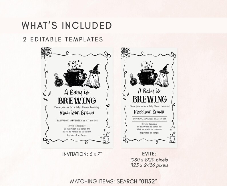 two editable template wedding invitations for a baby shower, featuring illustrations of a baby and a witch's broom. The invitations are designed to be printed in black and white and include details about the event, such as the date, time, location, and RSVP information.