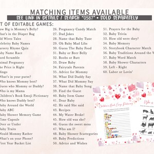 May include: A set of printable baby shower games with pink and red hearts on a watercolor background. The games include "How Big is Mommy's Belly?", "What's in the Diaper Bag", "Old Wives Tales", "Celebrity Baby Names", "Nursery Rhyme Quiz", "Baby Name Race", "Word Scramble", "Animal Pregnancy", "The Price is Right", "Bingo", "What's in your purse?", "Who knows Mommy best?", "Guess who Mommy or Daddy?", "Who is my Mama", "Children's Book Emoji Pictionary", "Who knows Daddy best?", "Baby Around the World", "Baby ABC", "Baby Shower Memory Game", "Time Capsule", "Over or Under", "Baby Traits", "Would Mommy Rather", "What's on your Phone?", "First Year Bucket List", "Pregnancy Candy Match", "Dad Jokes", "Name that Baby Tune", "Oh Baby Mad Libs", "Guess The Baby Food", "Baby or Beer Belly", "Boobs or Butt", "Draw Baby", "Fairytale Parents", "Advice for Mommy", "What Did Daddy Say", "What Did Mommy Say", "Name that Baby Song", "Find the Guest", "Baby Item Game", "Dear Baby", "He said She said", "Recipes", "My Water Broke!", "How old was she?", "Guess the sweet mess", "Who am I?", "Baby Shower Scattegories", "Baby Predictions", "Advice and Wishes", "Prayers for the Baby", "Baby Trivia", "How old were they?", "Baby Memory", "Storybook Character Match", "Baby Traditions Around the World", "Baby Word Match", "Baby Shower Characters", "Left - Right", "Labor or Lovin'".
