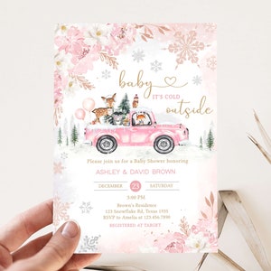 Bewerkbare roze winter bos baby shower uitnodiging bundel, meisje bos winter baby shower uitnodiging set, roze baby het is koud buiten, 0529 afbeelding 3