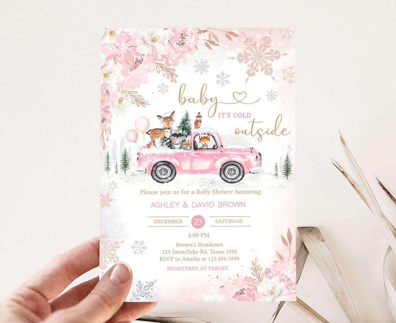 Bewerkbare roze winter bos baby shower uitnodiging bundel, meisje bos winter baby shower uitnodiging set, roze baby het is koud buiten, 0529 afbeelding 3
