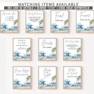 May include: Ten printable signs for a baby shower with a beach theme. The signs are in a light blue and white color scheme with a watercolor wave design. The signs include "Mimosas Bar", "Late Night Diapers", "Food", "Favors", "Please Help the Mom-to-be by Making Yourself the Addressee", "Drinks", "Don't Say Baby", "Diaper Raffle", "Books & Gifts", and "Babies are Sweet".