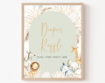 以下が含まれることがあります： 緑と茶色のサインに、金色の文字で「Diaper Raffle」と書かれています。サインは、シマウマ、ライオン、キリン、サイ、ゾウなど、さまざまなジャングルの動物で飾られています。「Place your tickets here」という文字もサインに含まれています。