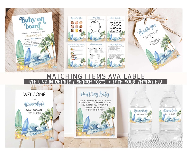 Editable Baby on Board Baby Shower Due Date Calendar, Surf Board Beach Baby Shower Calendar, Summer Boy Baby Shower Birthday Prediction 0677 image 2