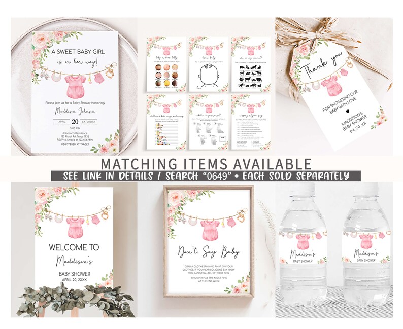 May include: A set of printable baby shower decorations featuring a pink and white floral design with a baby onesie hanging from a clothesline. The set includes a welcome sign, a don't say baby sign, a thank you tag, a water bottle label, and a game card. The text on the welcome sign reads "Welcome to Maddison's Baby Shower April, 20, 20XX". The text on the don't say baby sign reads "Don't Say Baby.  Grab a clothespin and pin it on your clothes. If you hear someone say baby you can steal all of their clothespins. Whoever has the most pins at the end wins!"