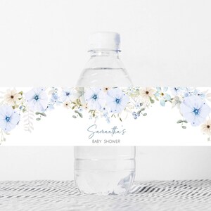 Editable Baby in Bloom Baby Shower Bottle Label, Dusty Blue Wildflower Baby Shower Water Labels, Spring Flowers Water Bottle Stickers, 0684 image 1