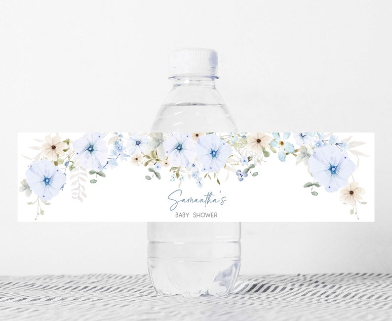 Editable Baby in Bloom Baby Shower Bottle Label, Dusty Blue Wildflower Baby Shower Water Labels, Spring Flowers Water Bottle Stickers, 0684 image 1