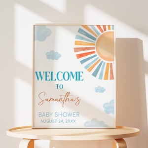 Editable Blue Here Comes The Son Baby Shower Welcome Sign, Boy Sunshine Baby Shower Welcome Poster, Here Comes The Sun Baby Shower Sign 0789