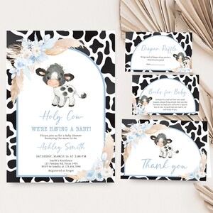 Editable Boy Holy Cow Baby Shower Invitation Bundle, Blue Highland Cow Baby Shower Invite Set, Boho Floral Farm Baby Shower Invitation, 0663 image 1