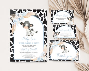 May include: A set of baby shower stationery with a cow theme. The invitation reads "Holy Cow, We're Having a Baby!" and includes details. Additional cards include "Diaper Raffle," "Books for Baby," and a thank you card, all with cow and floral designs.