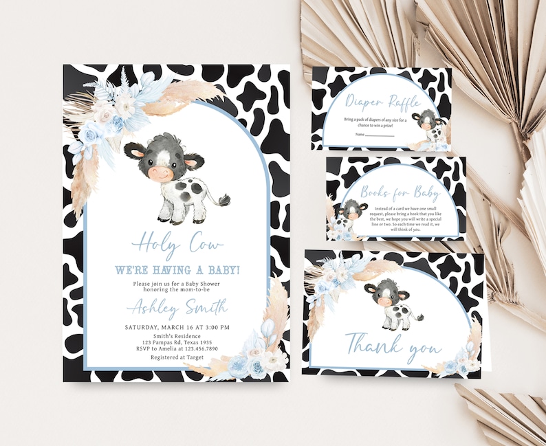 Editable Boy Holy Cow Baby Shower Invitation Bundle, Blue Highland Cow Baby Shower Invite Set, Boho Floral Farm Baby Shower Invitation, 0663 image 1