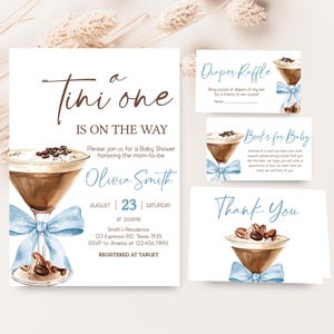 Editable Espresso Martini Baby Shower Invitation Bundle, A Tini One Is On the Way Brewing Baby Shower Invite, Blue Bow Coffee Shower, 01097
