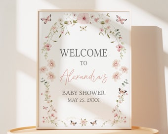 Editable Baby in Bloom Baby Shower Welcome Sign, Butterfly Baby Shower Welcome Poster, Butterflies Wildflower Spring Baby Shower Sign, 0674
