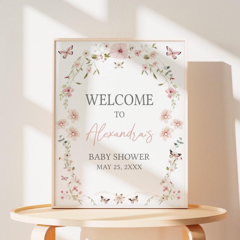 Edytowalny Baby in Bloom Baby Shower Welcome Sign, Motyl Baby Shower Welcome Poster, Motyle Wildflower Spring Baby Shower Sign, 0674 zdjęcie 1