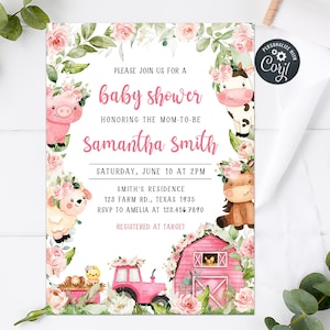 Editable Farm Baby Shower Invitation Floral Pink Barnyard Baby Shower Invite Girl Farm Animals Editable Invitations Printable Template 0321