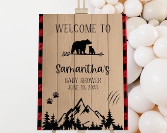 Edytowalny znak powitalny na baby shower Lumberjack, plakat powitalny na baby shower Buffalo Plaid, znak powitalny na baby shower Oh Boy Rustic Bear 0378