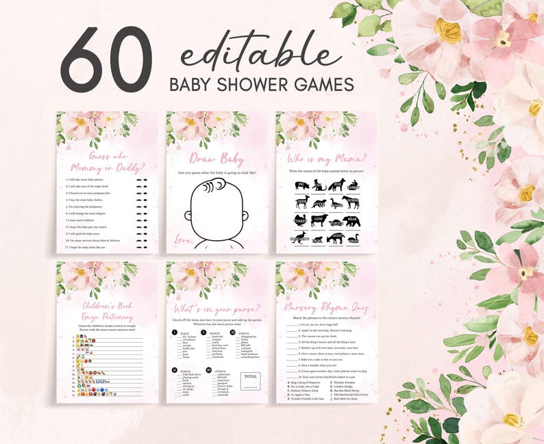 Blush Pink Floral Baby Shower Games Bundle