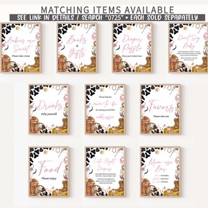 May include: Ten printable signs for a baby shower with a pink and brown cowgirl theme. The signs have a watercolor background with pink flowers, cowboy boots, and a wagon wheel. The signs include: "Babies are Sweet", "Books & Gifts", "Diaper Raffle", "Don't Say Baby", "Drinks", "Please help the mom-to-be by making yourself the addressee", "Favors", "Food", "Life Night Diapers", and "Mama-osa Bar".