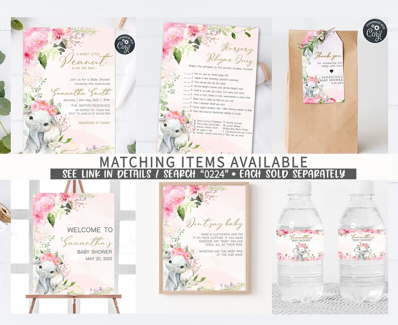 May include: A set of printable baby shower decorations featuring a pink and white floral design with a cute gray elephant. The set includes a welcome sign, a nursery rhyme quiz, a don't say baby game, a favor bag with a tag, and water bottle labels. The text on the welcome sign reads "Welcome to Samantha's Baby Shower May 20, 2023".