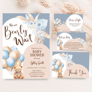 Editable Bear Baby Shower Invitation Bundle, We Can Bearly Wait Boho Baby Shower Invite Set, Blue Balloon Arch Boy Baby Shower Invite, 0690 image 1