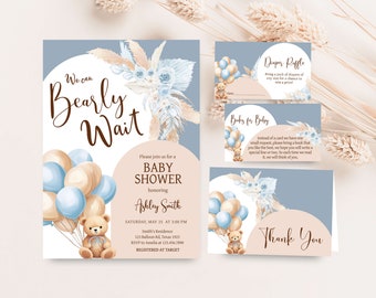 Editable Bear Baby Shower Invitation Bundle, We Can Bearly Wait Boho Baby Shower Invite Set, Blue Balloon Arch Boy Baby Shower Invite, 0690