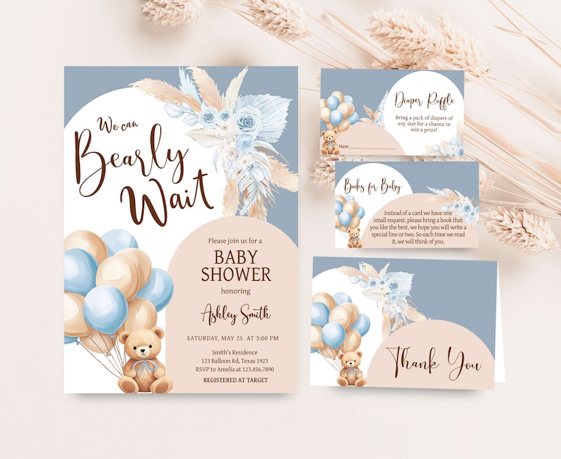Editable Bear Baby Shower Invitation Bundle, We Can Bearly Wait Boho Baby Shower Invite Set, Blue Balloon Arch Boy Baby Shower Invite, 0690 image 1