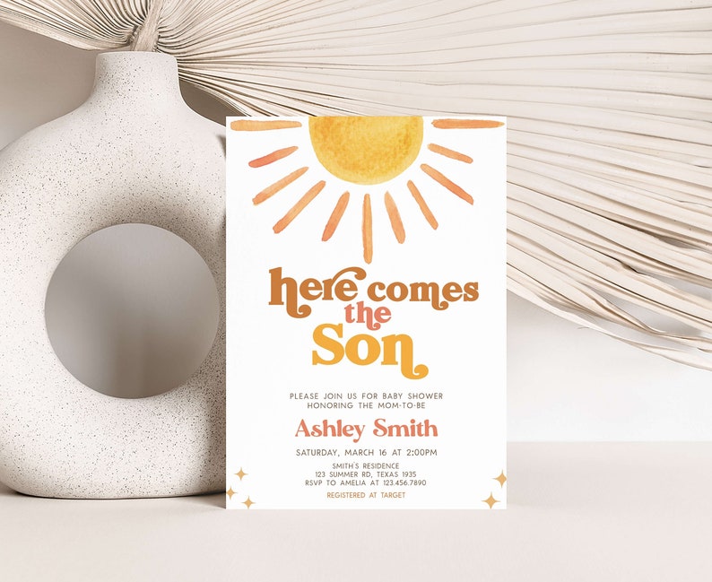 Editable Sunshine Baby Shower Invitation, Here Comes the Son Baby Shower Invite, Retro Sun Baby Shower Invite, Boy Boho Sunshine Invite 0640 image 1