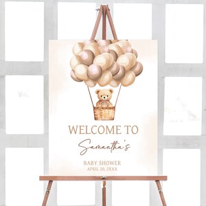 Editable Brown Bear Baby Shower Welcome Sign, Boho Hot Air Balloons Baby Shower Welcome Poster, We Can Bearly Wait Baby Shower Sign, 0702 image 1
