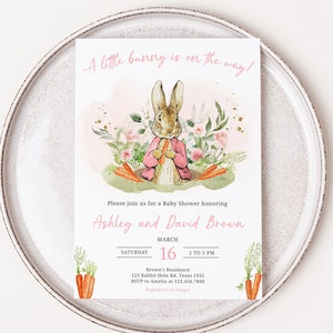 Editable Pink Peter Rabbit Baby Shower Invitation, Peter Rabbit Girl Baby Shower Invite, A Little Bunny Spring Baby Shower Invitation, 0626 image 1