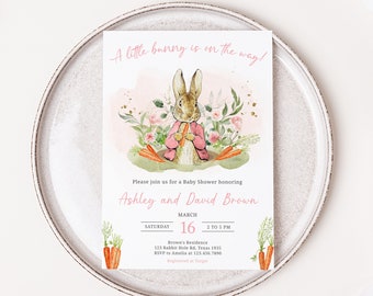 Invito modificabile per baby shower Peter Rabbit rosa, invito per baby shower Peter Rabbit Girl, invito per baby shower A Little Bunny Spring, 0626