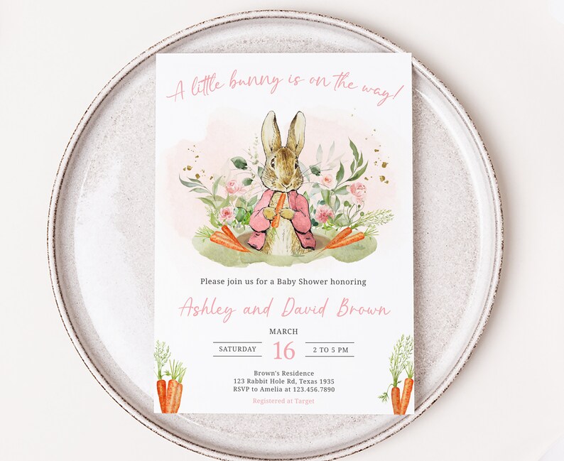 Editable Pink Peter Rabbit Baby Shower Invitation, Peter Rabbit Girl Baby Shower Invite, A Little Bunny Spring Baby Shower Invitation, 0626 image 1