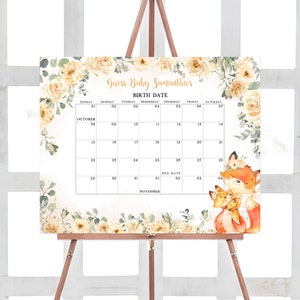 Bearbeitbarer Blumenfuchs-Babyparty-Fälligkeitskalender, Herbst-Babypartykalender, Mädchen-Waldfuchs-Geburtstagsvorhersage druckbare Vorlage 0355