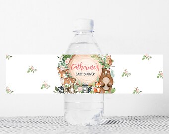 Etiqueta editable de botella de baby shower de bosque de niña, etiqueta de agua de baby shower de animales de bosque floral, pegatinas de botella de bosque floral rústico 0403