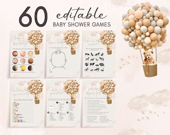 Bear Baby Shower Games Bundle, Hot Air Balloon Baby Shower Activity, Baby Bear Balloons Game Pack, Gender Neutral Printable Template 0205