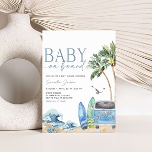 Editable Baby on Board Baby Shower Invitation Bundle, Surf Beach Baby Shower Invite Set, Retro Surf Boy Summer Baby Shower Invitation, 0709 image 3