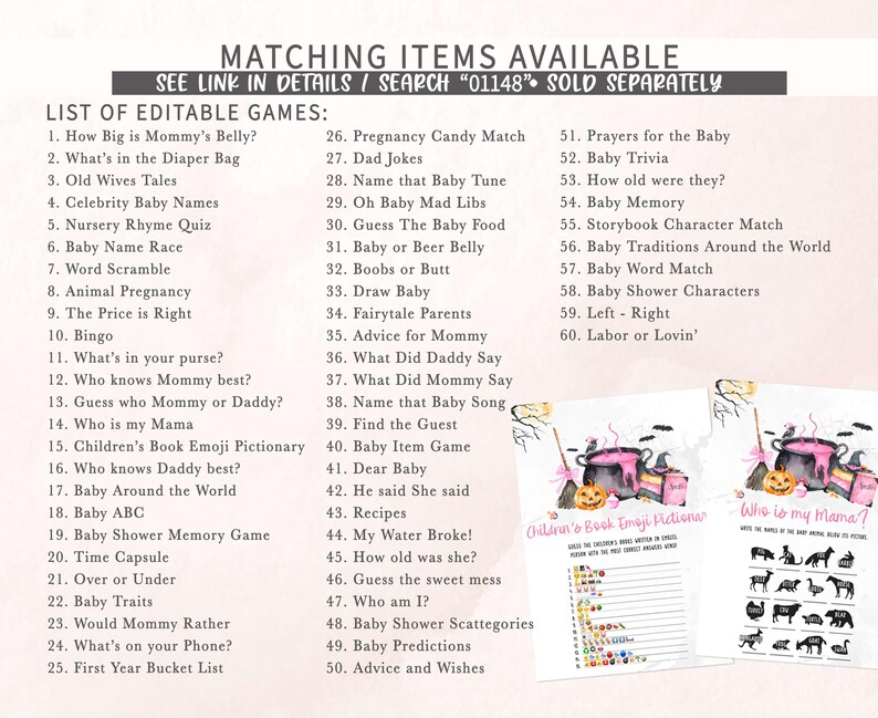 a list of editable games and a list of items available, along with their descriptions. The list includes games like "What's in the Momma's Belly?" and "Prayers for the Baby." There are also items such as "Nursery Rhyme Quiz" and "Baby Name Race." The list provides details on how to use these games and items, and it is available for purchase separately.