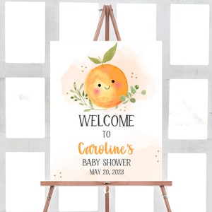 Bearbeitbares Little Cutie Babyparty-Willkommensschild, Orange Babyparty-Willkommensplakat, geschlechtsneutrale Clementine-Baby druckbare Vorlage 0257