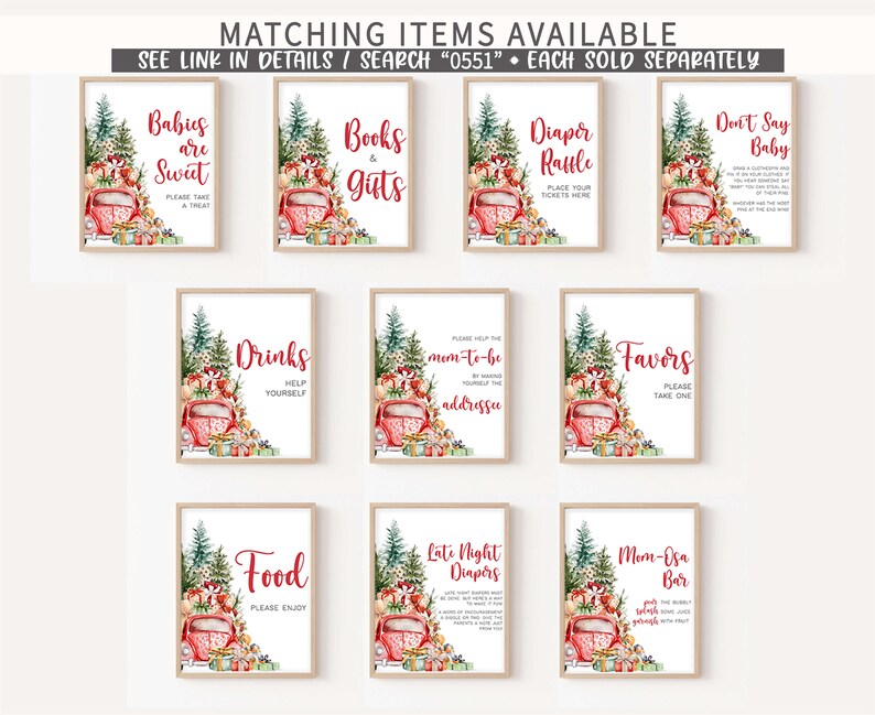 May include: A collection of framed signs with festive watercolor illustrations, including a red truck, Christmas trees, and gift boxes. Text on the signs includes phrases like "Babies are Sweet," "Books & Gifts," and "Diaper Raffle."