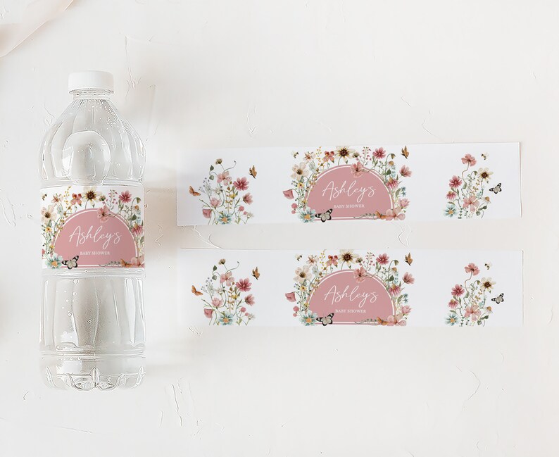 Editable Baby in Bloom Baby Shower Bottle Label, Wildflower Baby Shower Water Label, Muted Pink Boho Spring Flowers Bottle Stickers, 0650 image 3